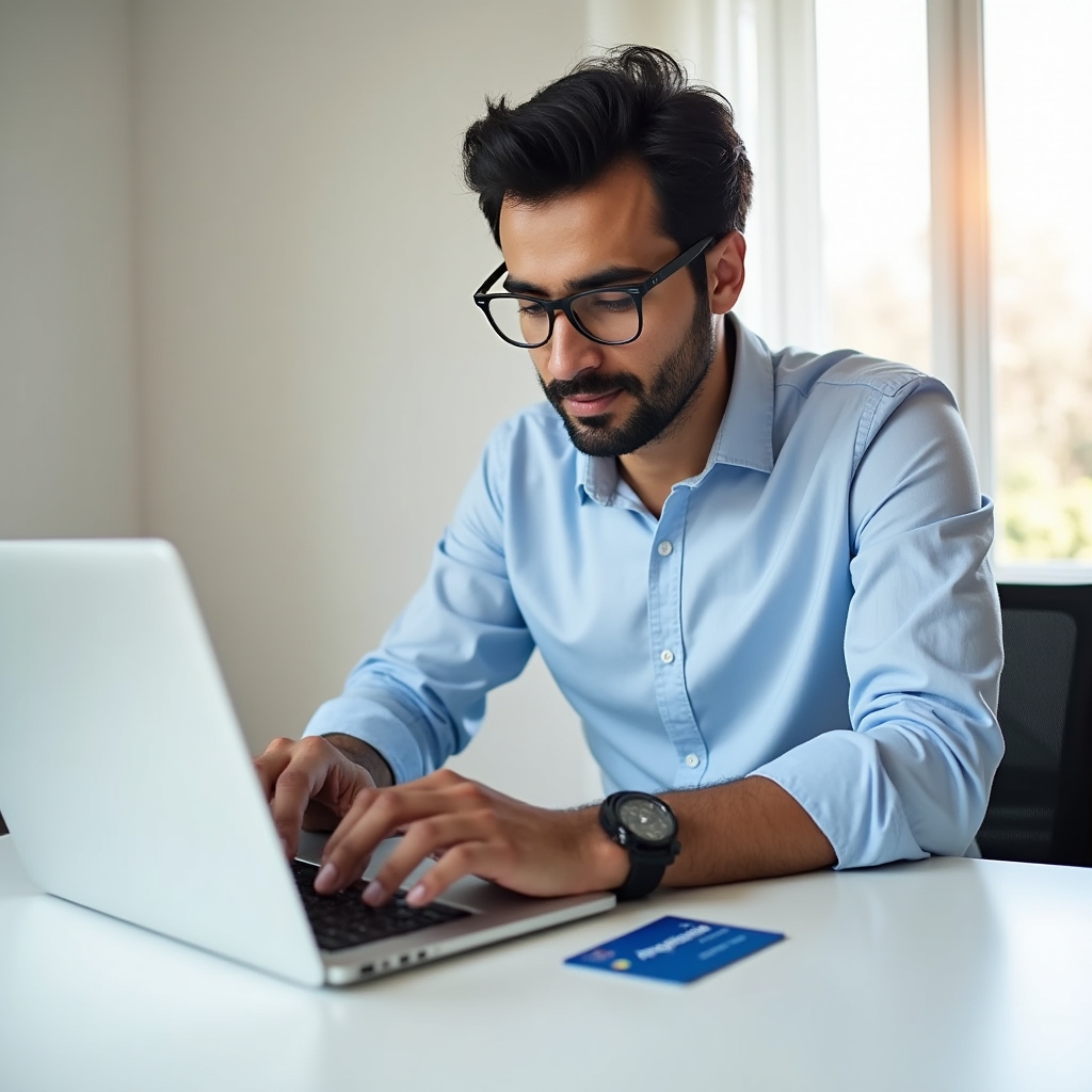 Person registering a prepaid gift card on a laptop computer, filling out an online registration form in a bright home office