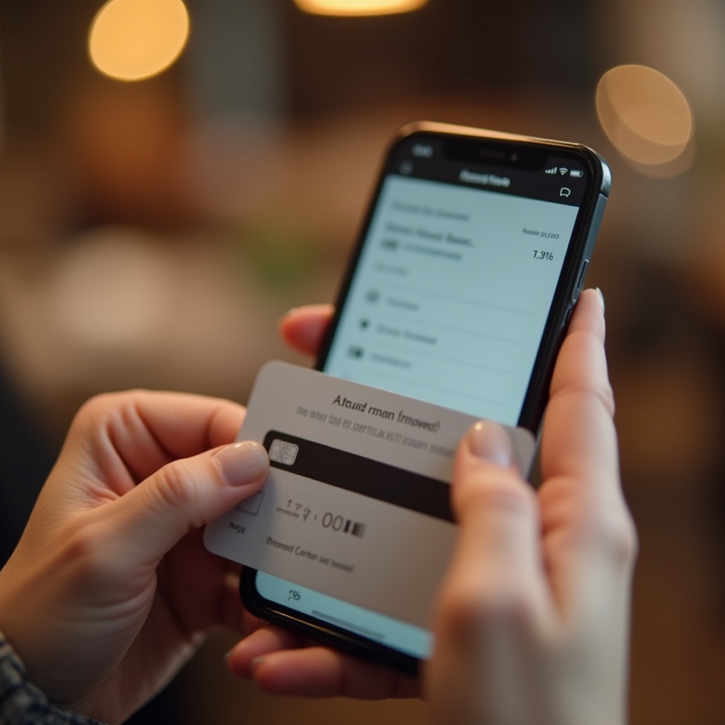 Close-up of hands holding a prepaid gift card while activating it online using a smartphone, bright natural light