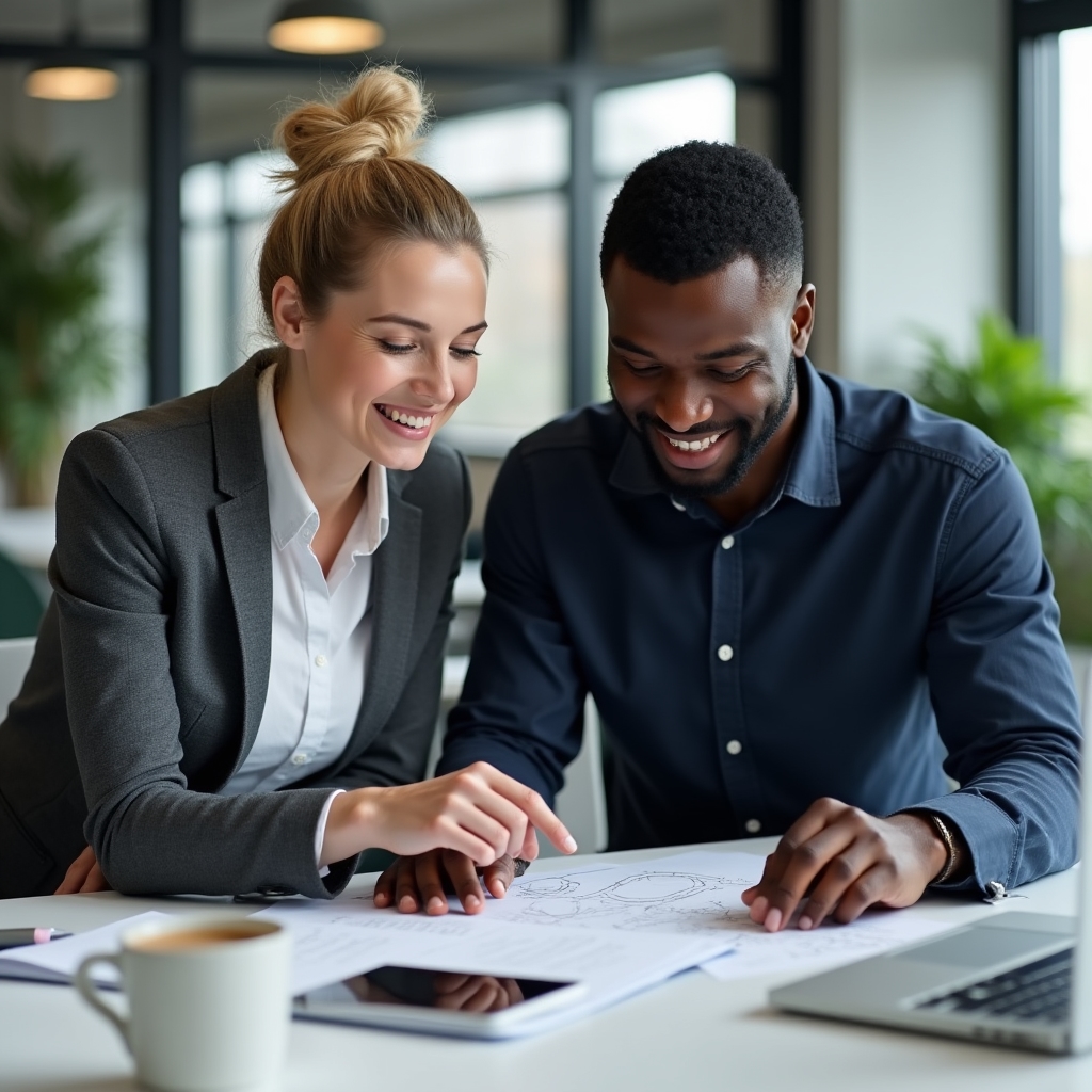 Two professionals reviewing gift card consumer information documents at a modern office desk