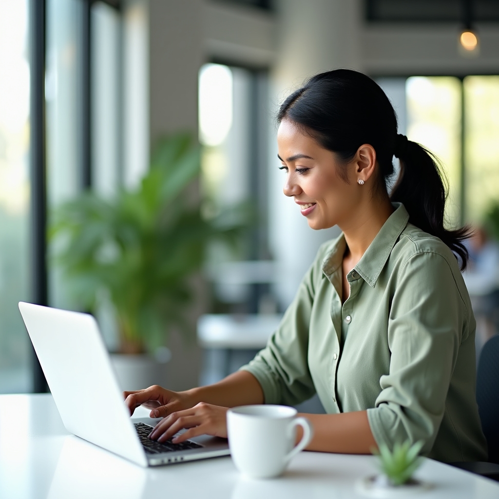 Person reviewing gift card information on a laptop in a modern workspace