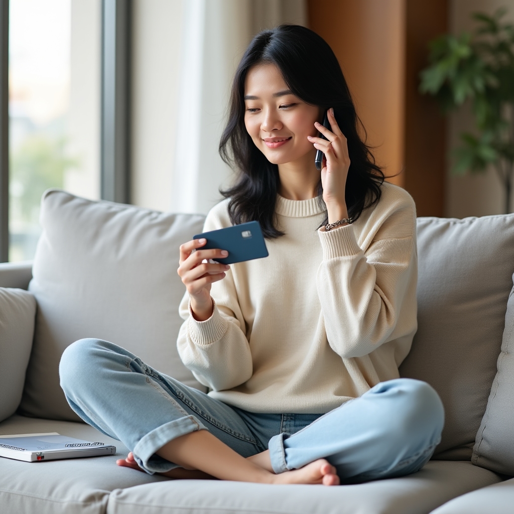 Person registering a prepaid gift card by phone, holding card and writing down registration details
