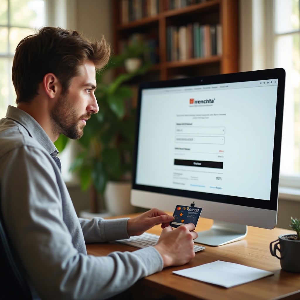 Person entering gift card number into an online shopping cart on a desktop computer