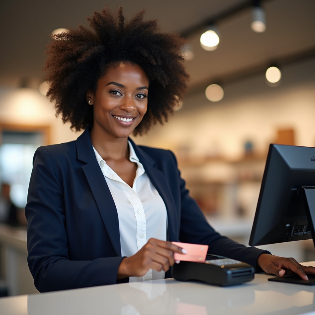 Customer presenting a prepaid gift card at a retail store checkout counter
